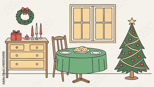 Festive christmas scene with tree table gifts and wreath in a cozy decorated room setting indoors