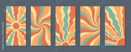 Retro groovy set with sun burst swirl and flat wavy shapes. Sunshine and yellow orange sun in y2k style, vertical background as abstract set, trendy choice for vibrant creative use.