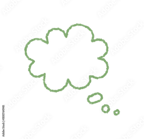 Green crayon outline forms a cloud speech bubble icon. Chat and think bubble conveys message and conversation idea in a playful style. Perfect for dialogue, communication, or word artwork.
