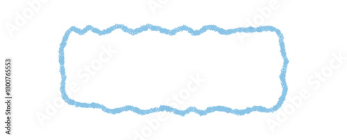 Blue crayon rectangle with squiggle outline frame and organic box form. Simple sketch textbox border as playful background for text. Blank template with artistic texture and hand drawn style.