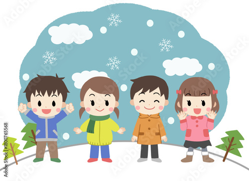 冬に外遊びをするかわいい子供たちのイラスト