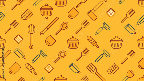 Simple kitchen utensil icons repeat vector pattern, thin line style.