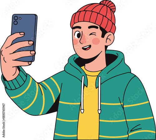 A cartoon illustration of a young person in a green hoodie and red beanie taking a selfie with a smartphone, winking at the camera.