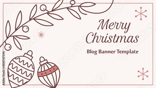 Merry christmas blog banner with ornaments, snowflakes, and a decorative branch on a light pink background