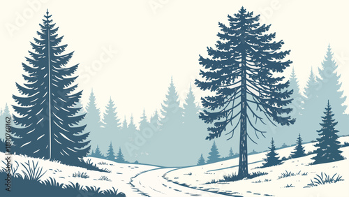 A winter landscape with tall evergreen trees and a winding path through a snowy forest scene view