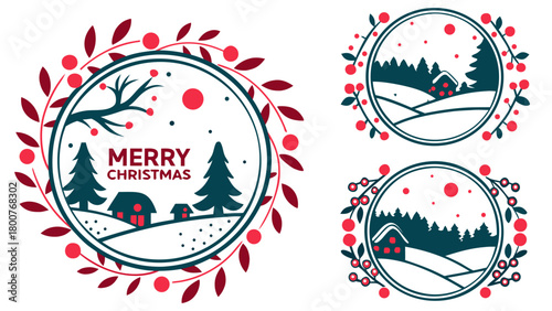 Three christmas themed wreaths with houses trees and berries in green and red color palette design
