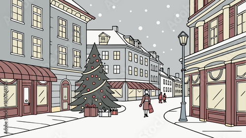 A winter street scene with christmas tree and shoppers during a snowy day in a european city street