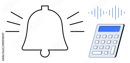 Bell ringing with sound waves representing alerts, next to a calculator suggesting notifications in finance, communication, productivity, or reminders. Ideal for time management, finance, technology