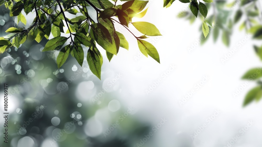 Obraz premium Green and yellow leaves with sunlight filtering through, creating a serene and natural setting.
