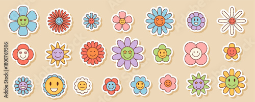 Groovy retro flower sticker set in cute cartoon doodle style, with happy smile and playful colorful face. This groovy element set adds a y2k pop and daisy charm, perfect for cheerful, fun designs.