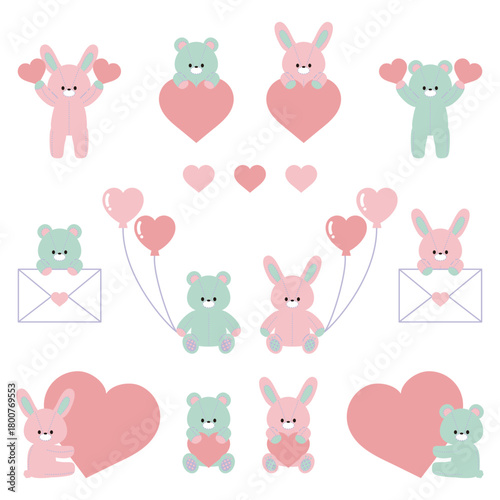 ハートとくまとうさぎのぬいぐるみのイラストセット