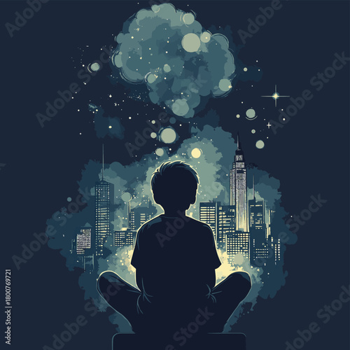 Silhouette boy watching abstract thought bubble cityscape illustration art idea mind dark grey blue  , vector style simple color