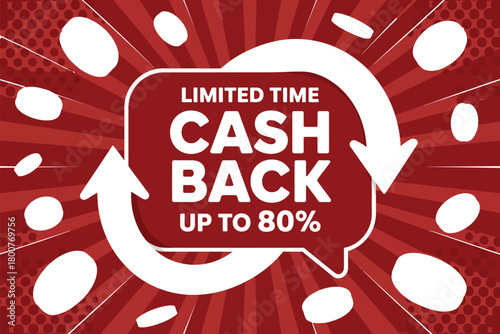 A vibrant red graphic with a speech bubble announcing "Limited Time Cash Back Up To 80%" surrounded by circular arrows and scattered oval shapes, representing a promotional sale.