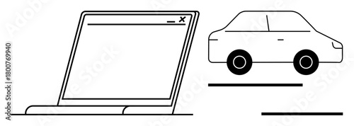 Laptop screen next to a car, emphasizing connectivity. Ideal for travel, transportation, innovation, e-commerce, smart technology, digital solutions and mobility-focused designs. Simple flat