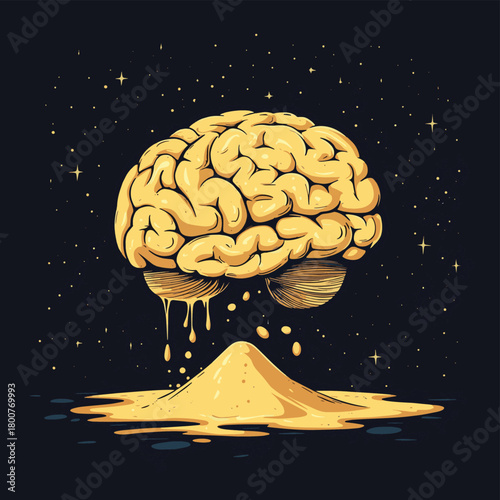 Luminous brain with flowing sand symbolizes knowledge and the passage of time, representing thought evolution.  , vector style simple color