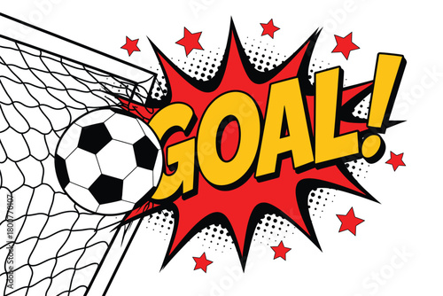 A soccer ball is about to go into the goal net with a comic book style 'GOAL!' exclamation and red stars in the background.