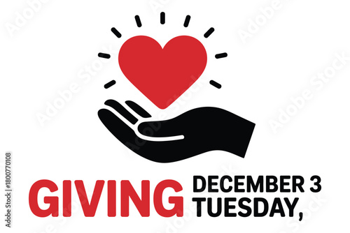 A stylized graphic depicts a hand holding a radiant heart, promoting the concept of Giving Tuesday on December 3rd.