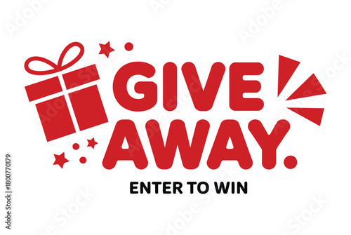A red graphic with the words GIVE AWAY and ENTER TO WIN, featuring a gift box and starbursts, announcing a promotional event or contest.