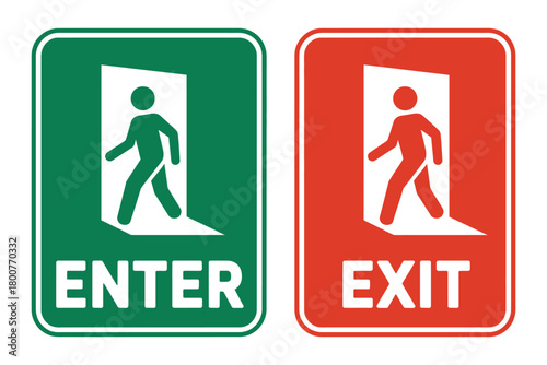 Two stylized signs, one green with 'ENTER' text and an open door icon with a person walking through, and one red with 'EXIT' text and a similar icon, are displayed side-by-side on a white background.