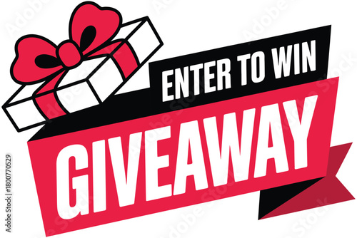A red and black banner with the words 'ENTER TO WIN' and 'GIVEAWAY' is overlaid on a stylized image of a gift box with a red bow.