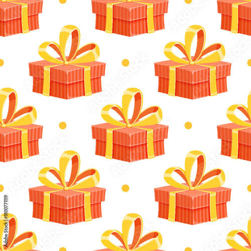 Seamless cartoon gift box pattern featuring vibrant ribbon and bow. Presents and surprises for celebration or birthday. Colorful holiday decor, ideal for wrapping event themes. Festive cheerful style