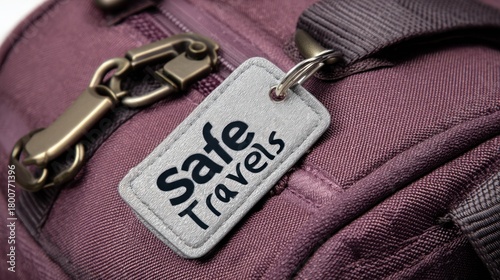 Purple backpack with a tag that reads 'Safe Travels'