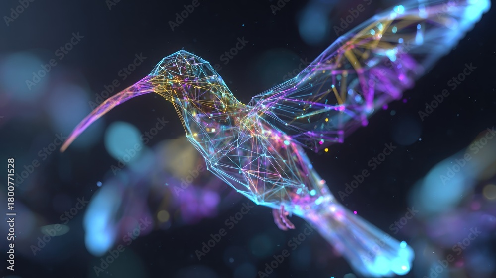 Obraz premium A colorful, abstract hummingbird with glowing, geometric patterns, flying against a dark, blurred background.
