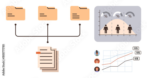 File folders connected to documents, distribution chart showing percentages with people, and line graph tracking progress. Ideal for data analysis, organization, document sharing, collaboration
