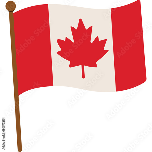 Canadian Flag Waving On A Wooden Pole With Red And White Maple Leaf