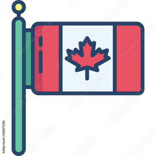 Canadian Flag Waving on Pole With Red Maple Leaf Symbol on White and Red Background Detailed Flat Icon Isolated