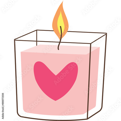 Candle With Heart Shaped Design In Pink Wax And Transparent Container With A Lighted Flame And Transparent Background Illustration