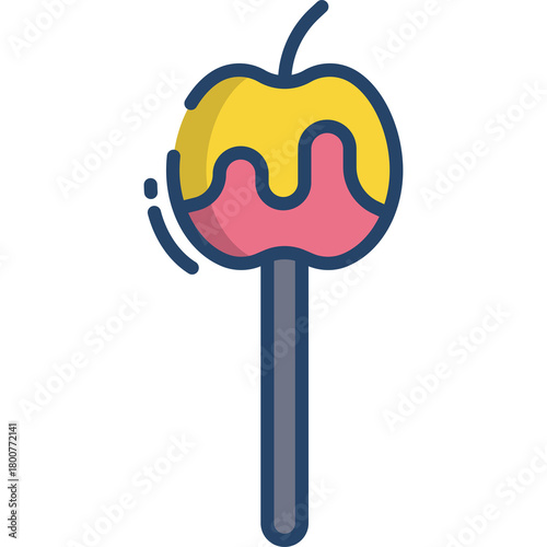 Candy Apple Treat with Yellow Caramel Drizzle and Pink Coating on a Gray Stick Isolated on Transparent Background