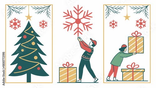 Festive christmas scenes with tree gifts and people decorating for the holiday season in panels