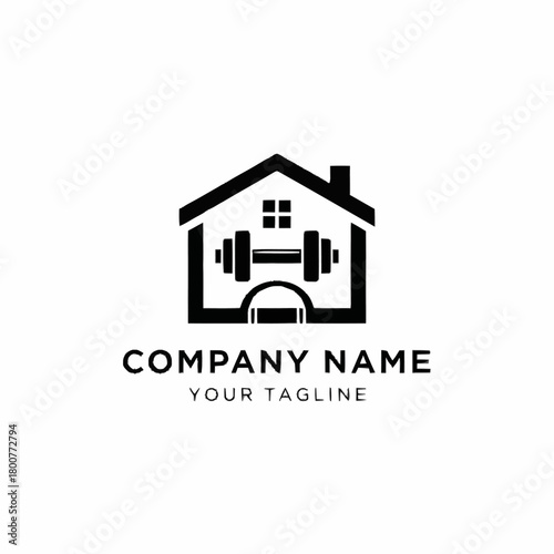 Gym house logo design concept with barbell and window for fitness.