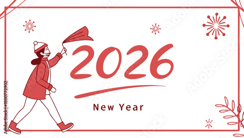 Illustration of a person waving a flag with the year 2026 and new year text in red color scheme