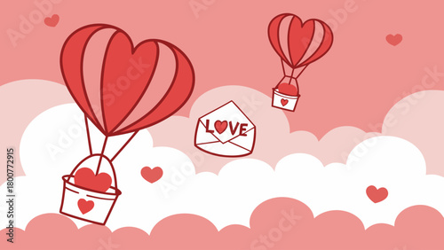 Heart shaped balloons floating in a pink sky with love letter and fluffy clouds illustration art