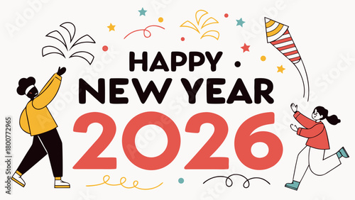 Illustration of happy new year 2026 celebration with people and festive decorations around text