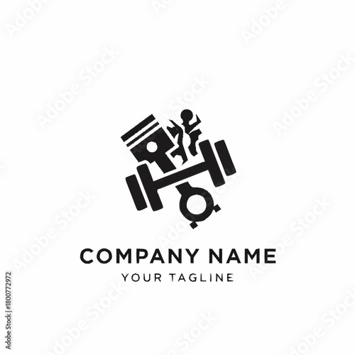 Monochrome vector logo combining a gym dumbbell and engine piston.