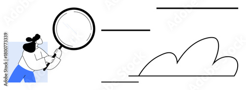 Person holding a large magnifying glass focusing on a collection of abstract lines and cloud-thumbs up shapes. Ideal for research, investigation, discovery, focus, analysis, problem-solving