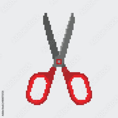 Pixel art open scissors icon with red handle for cutting and hair