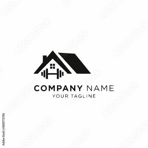 Home Gym Logo Design with Dumbbell and House Icon.