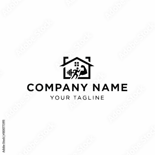 Gym at Home Logo Design Featuring a Muscular Figure Lifting Weights Inside a House Frame.