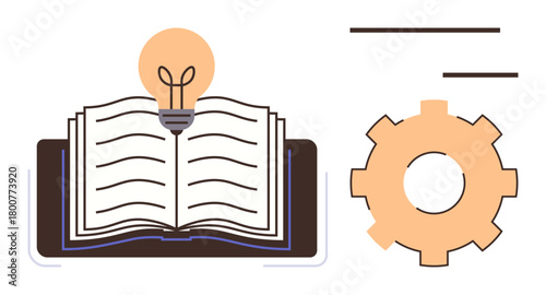 Open book with lightbulb above it and cogwheel next to it, symbolizing education, creativity, innovation, and collaboration. Ideal for learning, strategy, development, and success concepts simple
