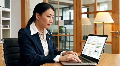Woman in business attire types on laptop at desk in office with wood accents seen 4k video