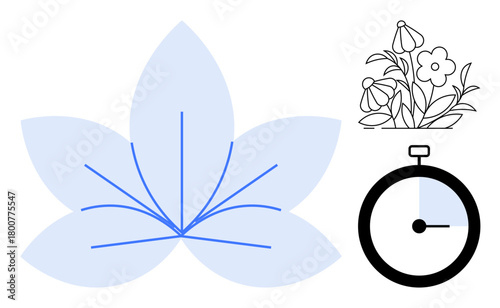 Blue flower with abstract lines, black stopwatch, and blooming flowers. Ideal for growth, time, mindfulness, nature, ecology floral simplicity holistic themes. Clean simple flat metaphor