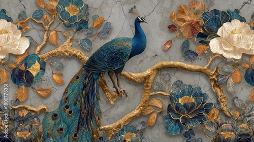 A majestic peacock perched on a branch adorned with intricate floral patterns, set against a backdrop of gray stone with golden accents.