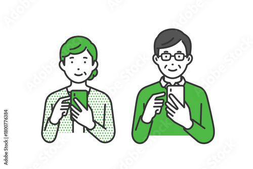 携帯を見る,私服高齢男女