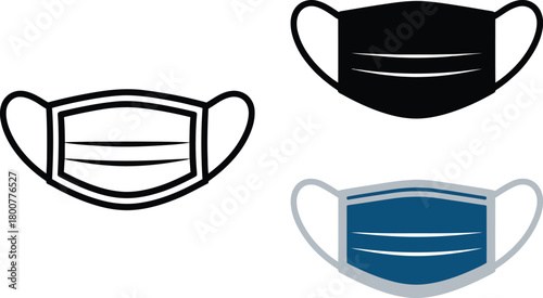 Three Styles of Medical Face Mask Icons on White Background Keywords: face mask, medical, health, protection, hygiene, illness, virus, prevention