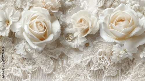 A white lace fabric with a floral pattern, featuring white roses and other flowers, set against a white background with a subtle lace border.