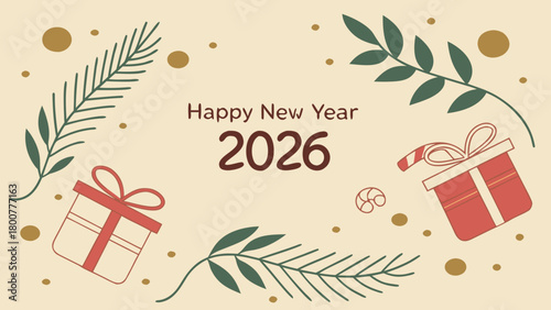 Happy new year 2026 with gifts and foliage on a beige background with scattered golden dots festive card